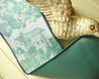 10 YARD ROLL- 4 Inch - D. Stevens Reversible Decorator-Weight Canvas Celadon French Toile Wired Ribbon with Celadon Faux Silk Dupioni