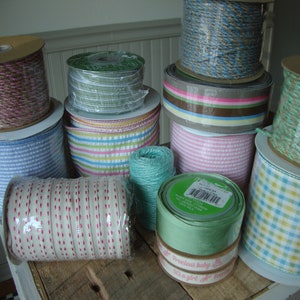 SALE-Extra Large Lot of DESIGNER Easter Rolls of Ribbon-May Arts-Plaid-Stripe-Hot Pink-Baby Blue-Green-Twine-Silk-Spring Bows-Easter 2024