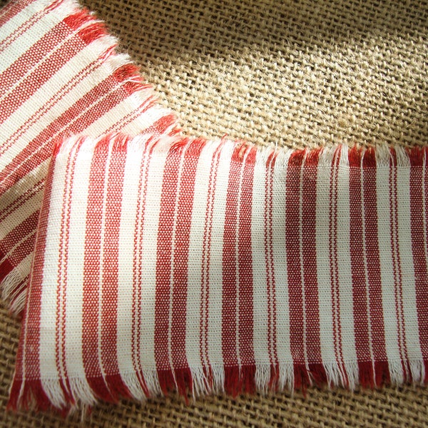 1 1/2 Yards - Vintage Dark Barn Red and Ivory Stripe Homespun Farmhouse Hand-Frayed Ticking Ribbon Trim