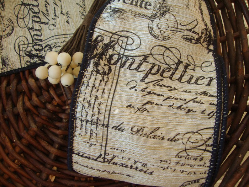 Natural-Beige Textured Stripe Wired Ribbon with Black French Script 4 Inch