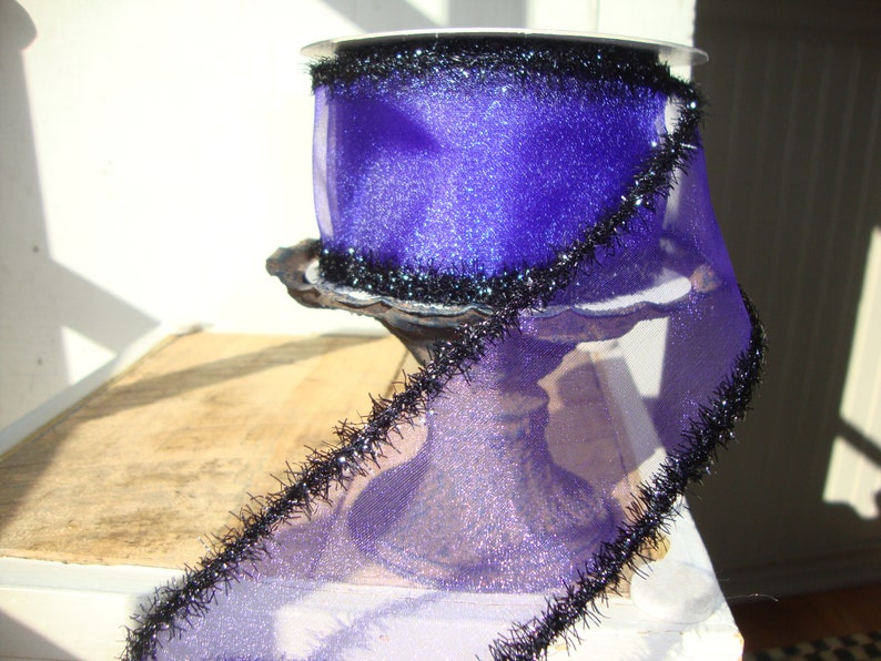 10 YARD ROLL FARASILK Premium Designer Luxury Sheer Purple Wired Ribbon with Black Sparkle Edges-Halloween-Wreath-Bows-Ribbon Sale 2024 image 2