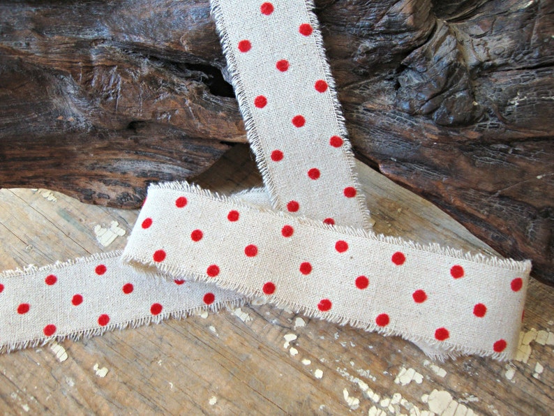 Cotton Linen Natural Ribbon with Soft Red Velvet Dots