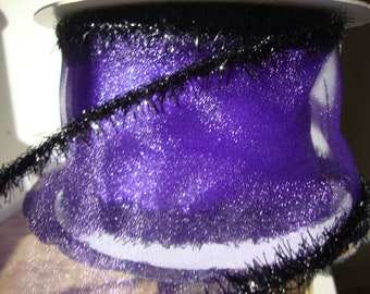 10 YARD ROLL - FARASILK Premium Designer Luxury Sheer Purple Wired Ribbon with Black Sparkle Edges-Halloween-Wreath-Bows-Ribbon Sale 2024