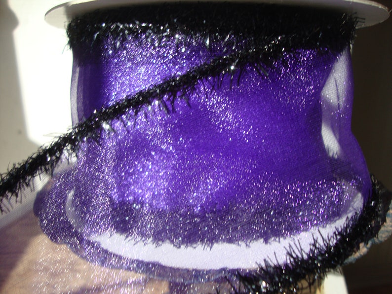 10 YARD ROLL FARASILK Premium Designer Luxury Sheer Purple Wired Ribbon with Black Sparkle Edges-Halloween-Wreath-Bows-Ribbon Sale 2024 image 1