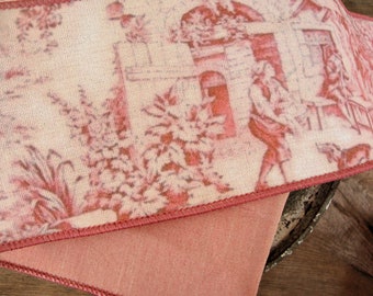 10 YARD ROLL - 4 Inch -D. Stevens Reversible Decorator-Weight Canvas Rouge Blush French Toile Wired Ribbon with Iridescent Blush Dupioni