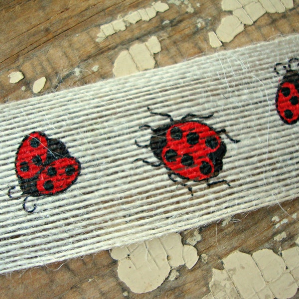 Ivory Jute Ribbon Trim with Red and Black Ladybugs