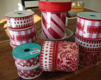 SALE-Extra Large Lot of Valentine's Day Rolls of Ribbon-May Arts-Pink-Red-Damask-Glitter Stripes-Hearts-Faux Lace-Scalloped Edge-Wreath-Bows