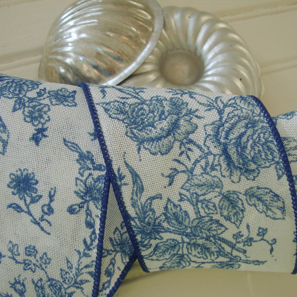 Blue and White Floral Toile Wired Ribbon