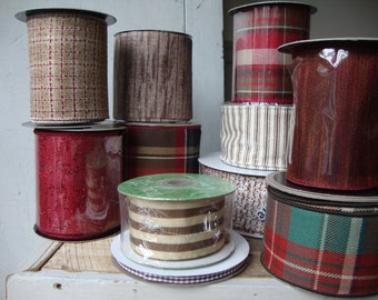 SALE-Extra Large Lot of DESIGNER Rolls of Fall Ribbon-D. Stevens-May Arts-Wired-Un-Wired-Stripe-Ticking-Plaid-Gingham-Brown-Cranberry