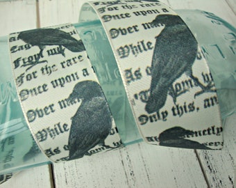 25 YARD ROLL - Premium Offray Vintage Inspired Black and Ivory Halloween Raven and Script Background Wired Ribbon-Wreath-Ribbon Sale-Bows