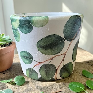 Small Green Botanical Design Plant Pot | Decorative Decoupage | Handmade | Home & Garden Decor | Gift for Plant Lovers