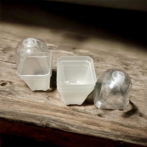 May include: Clear plastic seed starting trays with clear dome lids. The trays are stacked and arranged on a weathered wooden surface. The dome lids have a small vent on top. The trays are designed for starting seeds indoors.