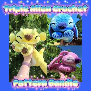 May include: Triple Alien Crochet Pattern Bundle featuring three plush toys. One yellow alien with a brown nose, one blue alien with dark blue accents, and one pink alien with dark pink details. Each creature has closed eyes and long ears.