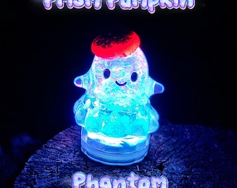 Clear Iridescent Resin Ghost Figurine with Pumpkin Beret | Light Up Halloween Decor I Whimsigoth Spooky Cute Art I Handmade Kawaii Ghost