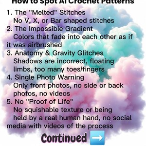 K&ouml;nnte beinhalten: Eine informative Grafik mit dem Titel The Fiber Detective Checklist: How to Spot AI Crochet Patterns, die f&uuml;nf Punkte vor einem Hintergrund aus weichen, pastellfarbenen Wolken in Rosa, Blau und Violett auflistet und mit dem Text Continued endet.