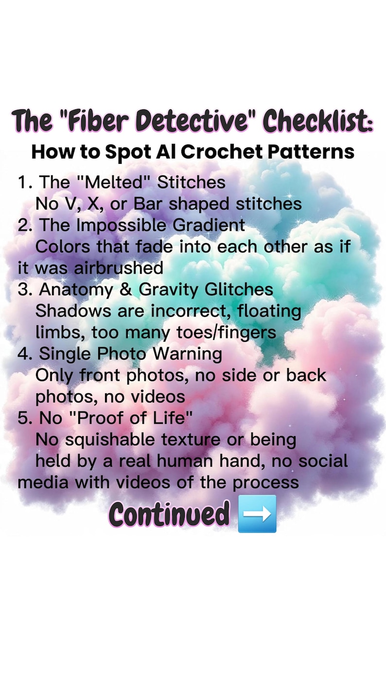 K&ouml;nnte beinhalten: Eine informative Grafik mit dem Titel The Fiber Detective Checklist: How to Spot AI Crochet Patterns, die f&uuml;nf Punkte vor einem Hintergrund aus weichen, pastellfarbenen Wolken in Rosa, Blau und Violett auflistet und mit dem Text Continued endet.