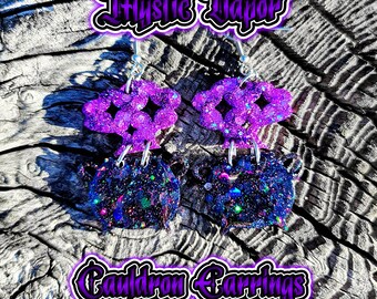 Custom Goth Cauldron Earrings | Holographic Glitter Witch Jewelry | Spooky Cute Potion Cloud Dangles | Kawaii Halloween I Hypoallergenic