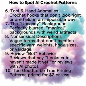 K&ouml;nnte beinhalten: Eine Infografik mit dem Titel The Fiber Detective Checklist: How to Spot AI Crochet Patterns, die die Punkte 6 bis 10 vor einem Hintergrund aus weichen, pastellfarbenen Wolken auflistet. Der Text beschreibt die Identifizierung von Anomalien bei Werkzeugen, Hintergr&uuml;nden, Beschreibungen, Bewertungen und Preisen.