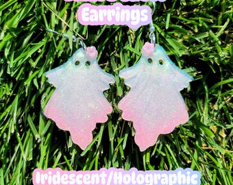 Cute Ghost Ombre Holographic/Iridescent Glitter Resin Earrings ~ Customizable Colors