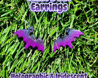 Bat Ombre Holographic Iridescent Glitter Resin Halloween Earrings ~ Customizable Colors