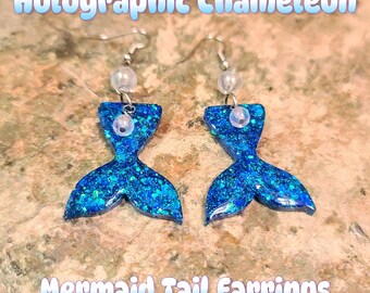 Holographic Color Shift Mermaid Tail Earrings with Bubble Bead Acsent