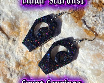 Custom Lunar Stardust Crypt Earrings I Holographic Coffin & Moon Jewelry I Spooky Cute Whimsigoth Dangles | Pastel Goth I Resin Art