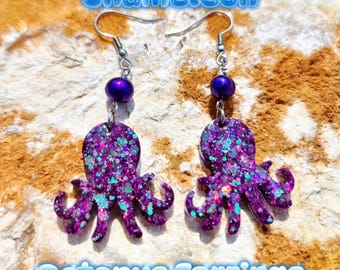 Chameleon Octopus Earrings | Holographic Resin Deep Sea Jewelry | Oil Slick Hexagon Bead Dangles | Magical Ocean Aesthetic