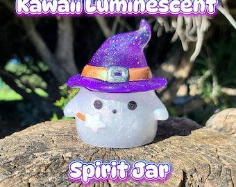 Kawaii Luminescent Spirit Jar | Light Up Ghost Container with Witch Hat | Spooky Cute Whimsigoth Decor | Pastel Goth Resin Art | LED Ghost