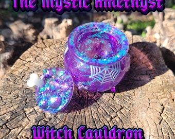 The Mystic Amethyst Witch Cauldron I Resin Potion Jar with Bubbling Bone Lid I Spooky Cute Whimsigoth Decor I Iridescent Storage Box