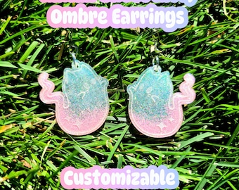 Ghost Kitty Ombre Holographic Iridescent Glitter Resin Kawaii Halloween Earrings ~ Customizable Colors