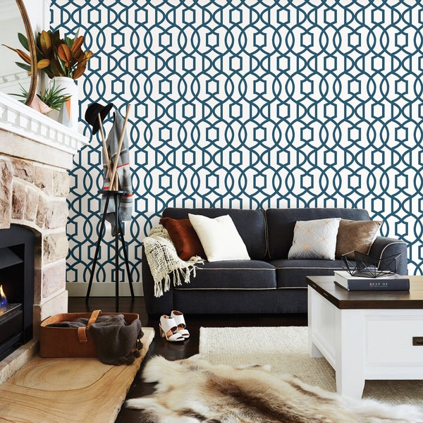 Geometric Wallpaper Navy Etsy
