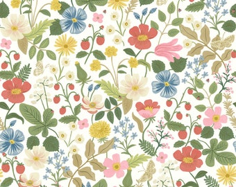 May include: A seamless pattern featuring a variety of colorful flowers, including pink, red, blue, and yellow, with green leaves and stems on a white background.