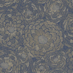 May include: A seamless pattern of blue and gold stylized floral designs. The flowers are outlined in gold and have a textured appearance.