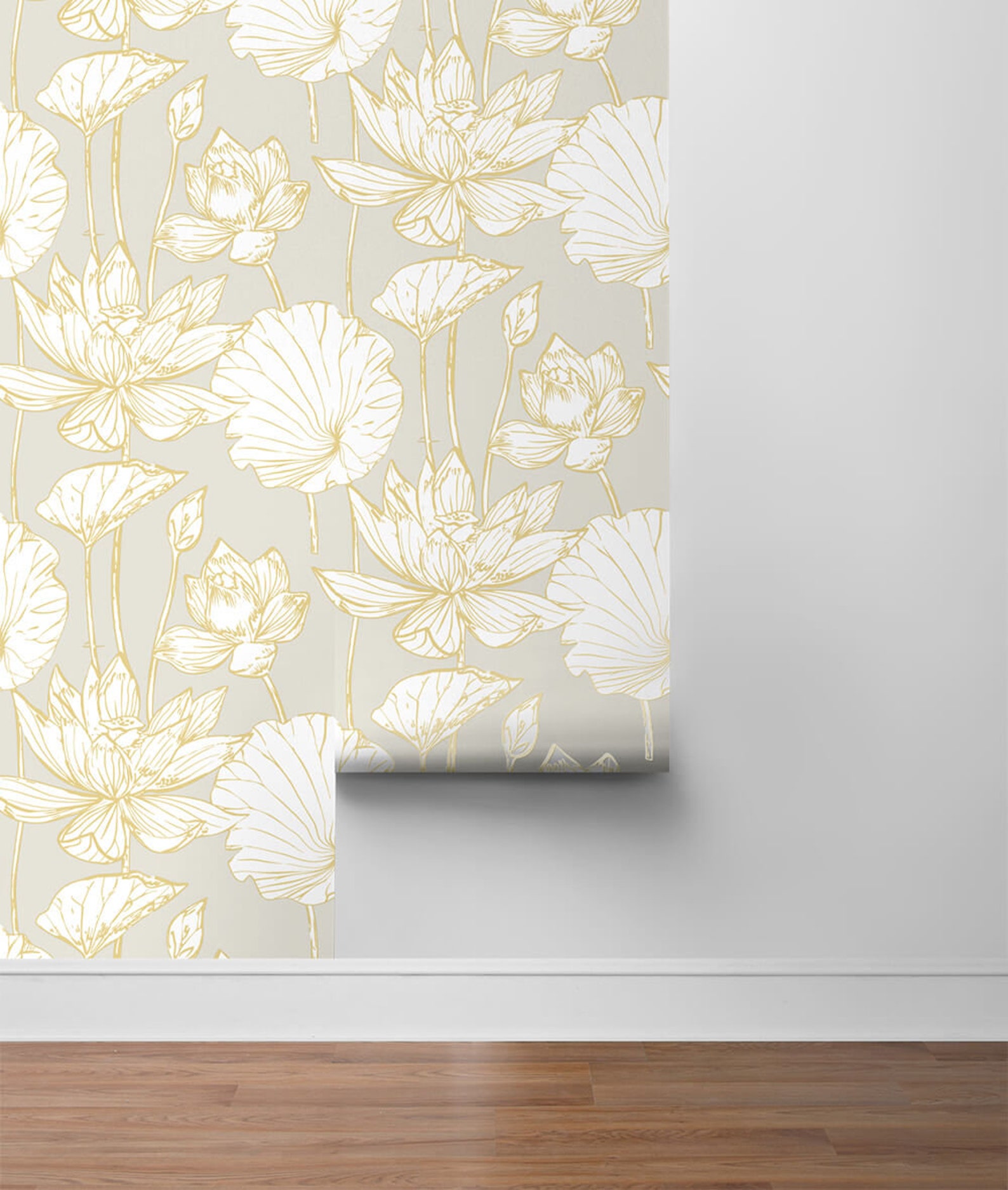 NextWall Peel and Stick Gray White and Gold Lotus Flower Boho Etsy