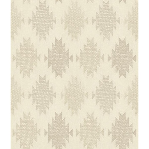 May include: Cream-colored wallpaper with a repeating geometric pattern. The pattern features diamond-shaped designs in shades of beige and gray, creating a textured, tonal effect. The design is reminiscent of Southwestern or tribal motifs.