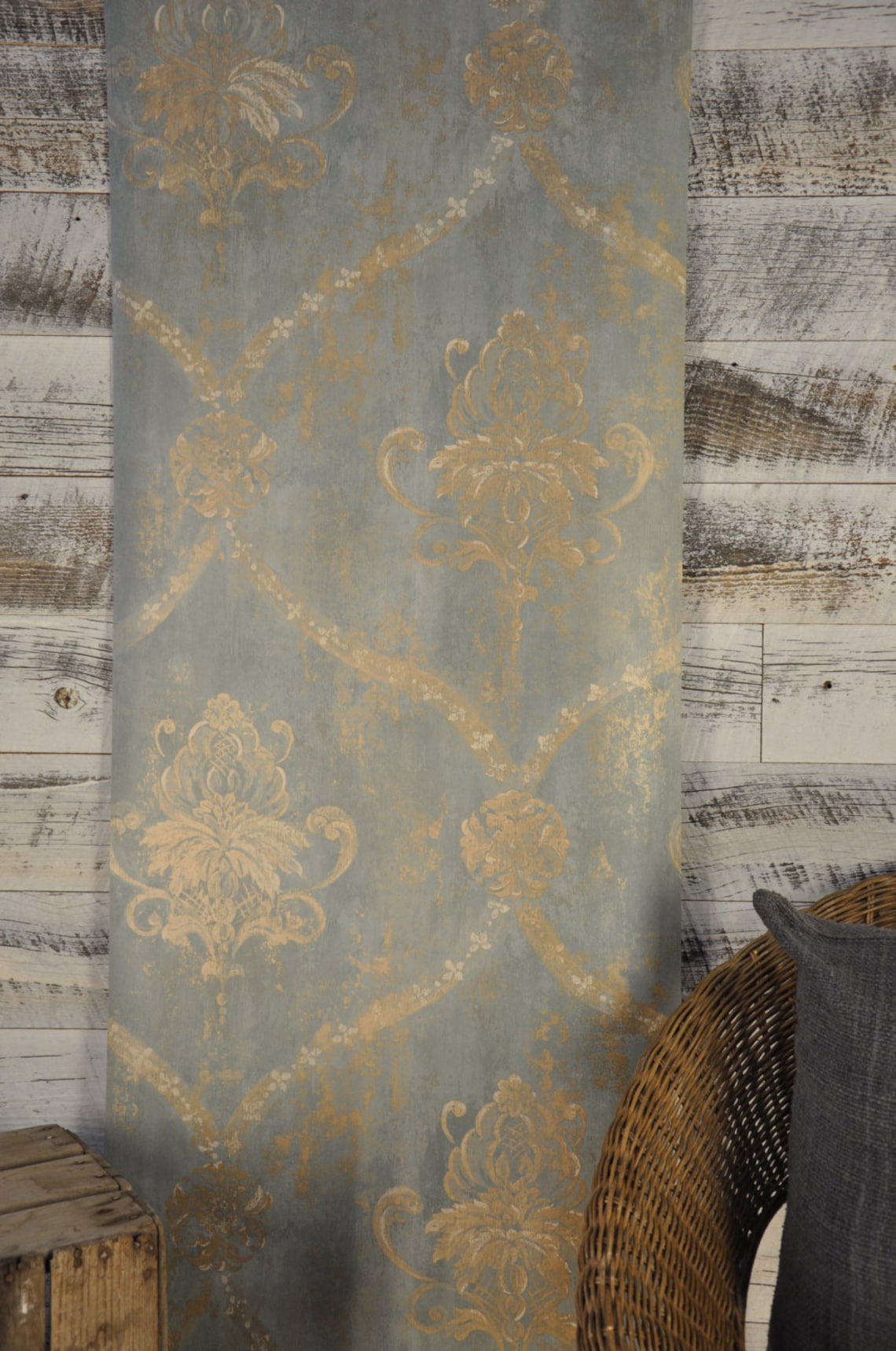 Aqua Blue & Gold Weathered Damask Vintage Wallpaper CH28248 - Etsy