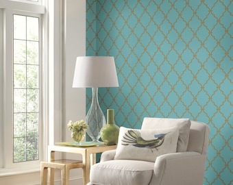 York Modern Trellis Quatrefoil Turquoise Spa Blue Green Gold Wallpaper LW5800