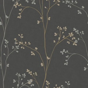 May include: A seamless wallpaper pattern featuring delicate branches with small leaves in shades of grey and beige against a dark grey background.