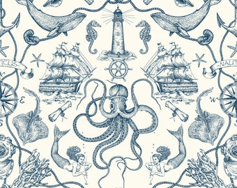 Removable Water-Activated Wallpaper Pirate Vintage Nautical Sea Octopus Skull 