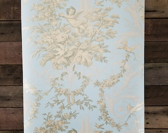 Victorian Cherub Floral in Blue & Gold Wallpaper Vintage CH28309