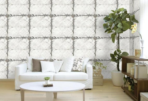 Peel And Stick Wallpops Vintage Rustic Tin Ceiling Tile Wallpaper Nu2213 White Silver Metal