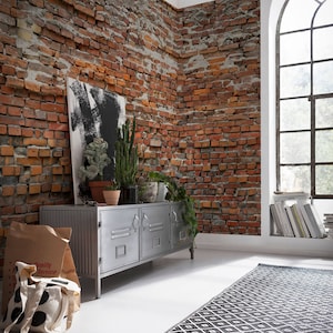 Könnte beinhalten: Ein Raum mit einer Backsteinwand, einem Metallschrank und einem schwarz-weißen Teppich. Auf dem Schrank stehen Pflanzen und an der Wand hängt ein Bild.