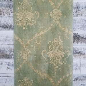 Green & Pale Tan Weathered Damask Wallpaper Designer Cottage Chic Modern CH22568