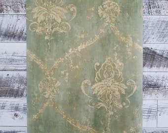 Carta da parati damascata stagionata verde e marrone chiaro Designer Cottage Chic Modern CH22568