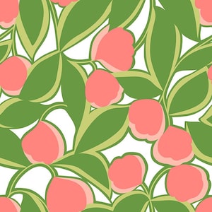 May include: A seamless pattern featuring pink flowers and green leaves. The flowers are stylised and have a rounded shape. The leaves are also stylised and have a pointed shape. The background is white.