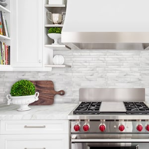 May include: A stainless steel range with red knobs and a white marble backsplash. The range has a gas hob and an oven. There is a wooden chopping board and a potted plant on the counter.