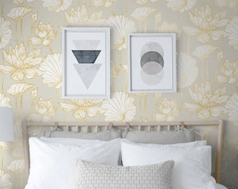 NextWall Peel and Stick Gray White and Gold Lotus Flower Boho Metallic Wallpaper NW33118