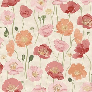 May include: A floral pattern featuring watercolour poppies in shades of red, pink, and orange. The flowers have yellow centres and are set against a cream-coloured background with green stems and leaves. The design has a vintage aesthetic.
