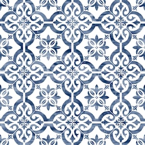 NextWall Porto Moroccan Blue and White Patina Backsplash Tile Wallpaper LN21212