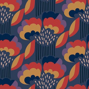 May include: A repeating pattern with stylized floral and leaf shapes in red, orange, yellow, purple, and navy blue. The design includes vertical lines and small white dashes on a dark blue background.